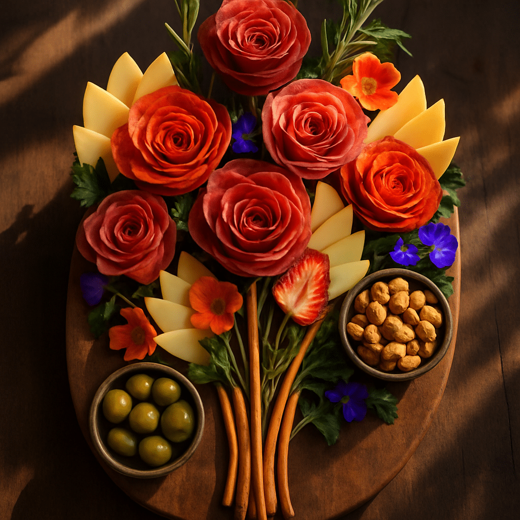 Stunning Charcuterie Bouquet Board for Parties and Celebrations 10 Serving suggestion for a charcuterie bouquet board including meats and cheese flowers