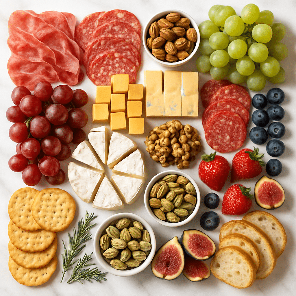 Charcuterie Dress Board: Unique Snack Board for Parties 9 Charcuterie dress board ingredients: sliced meats, cheeses, fruits, edible flowers, and herbs
