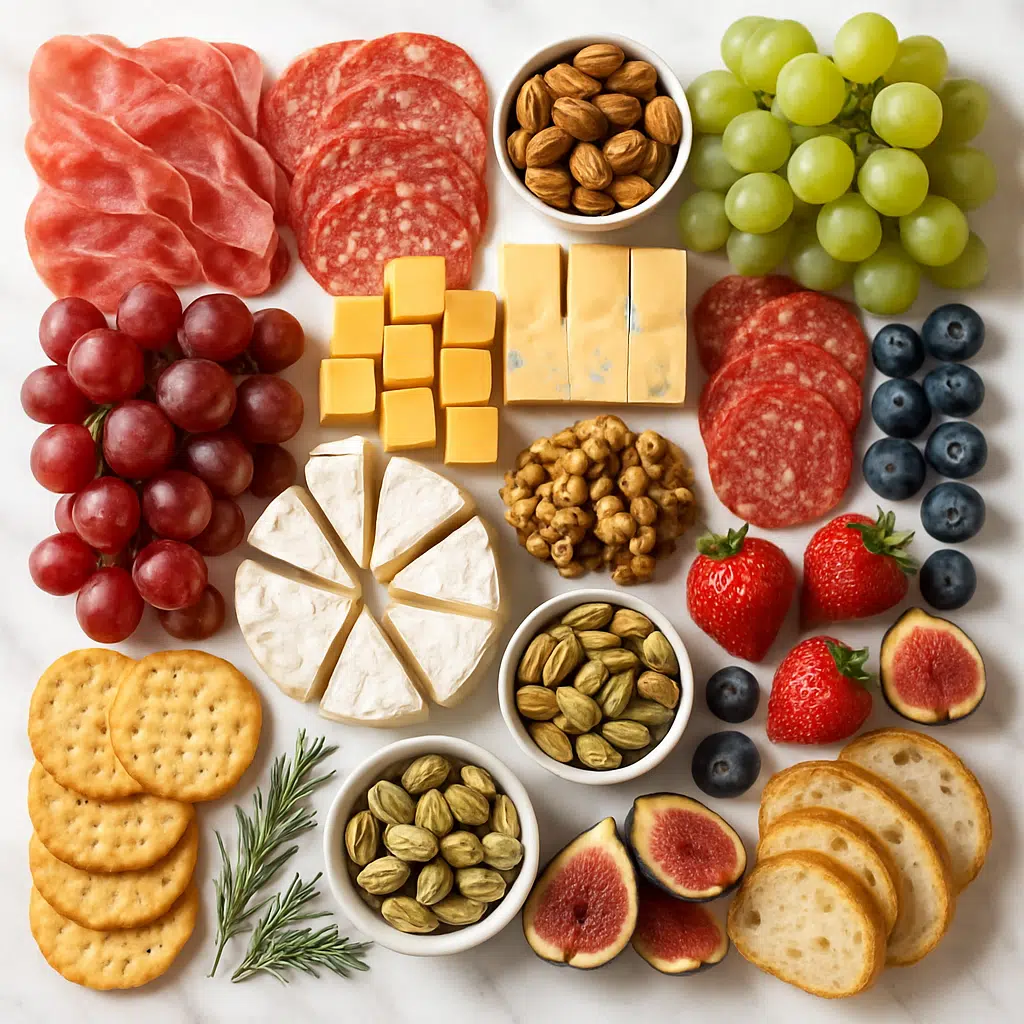 Charcuterie dress board ingredients: sliced meats, cheeses, fruits, edible flowers, and herbs