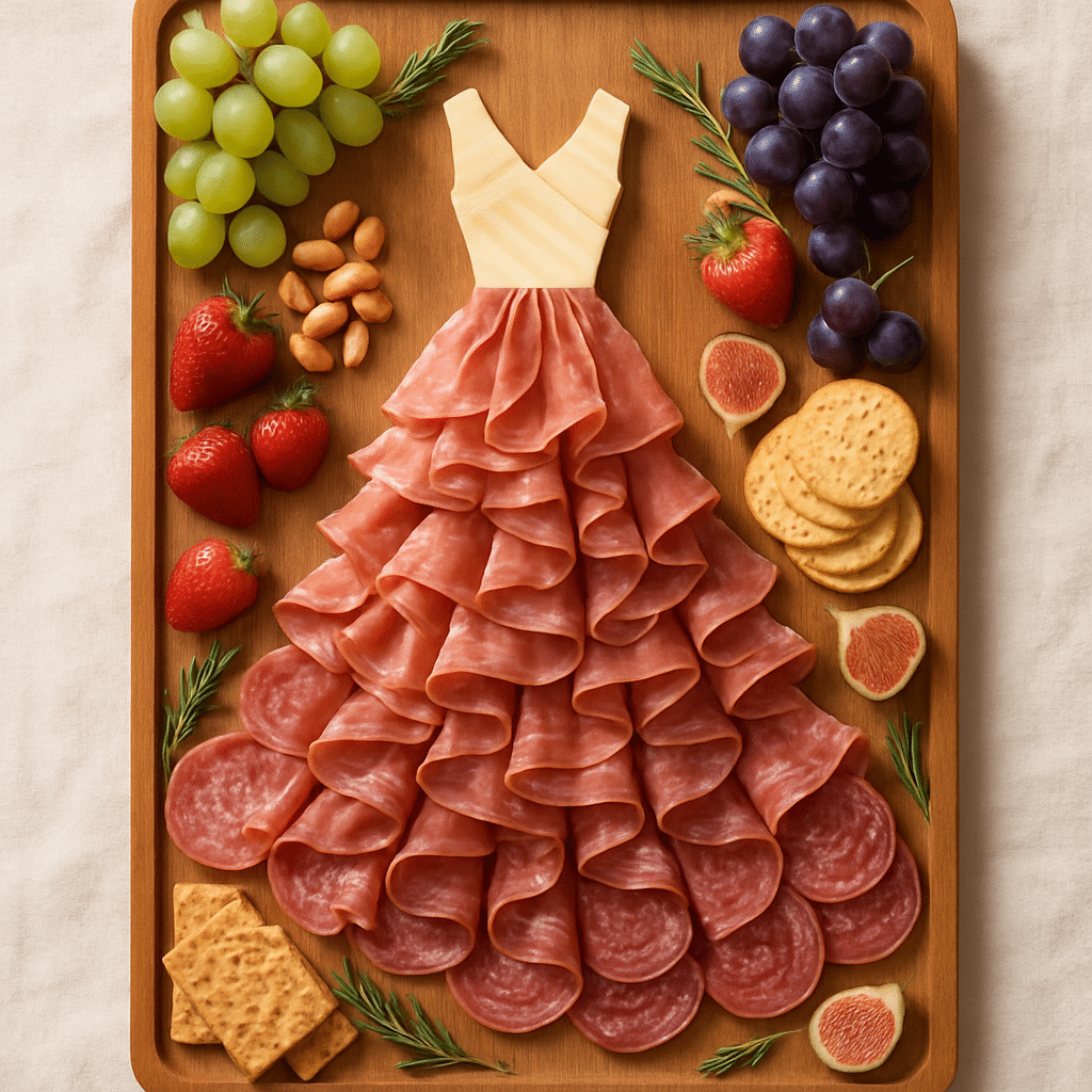 Charcuterie Dress Board: Unique Snack Board for Parties 10 Party guests serving from a charcuterie dress board featuring meat, cheese, fruit, and nuts arranged as a dress
