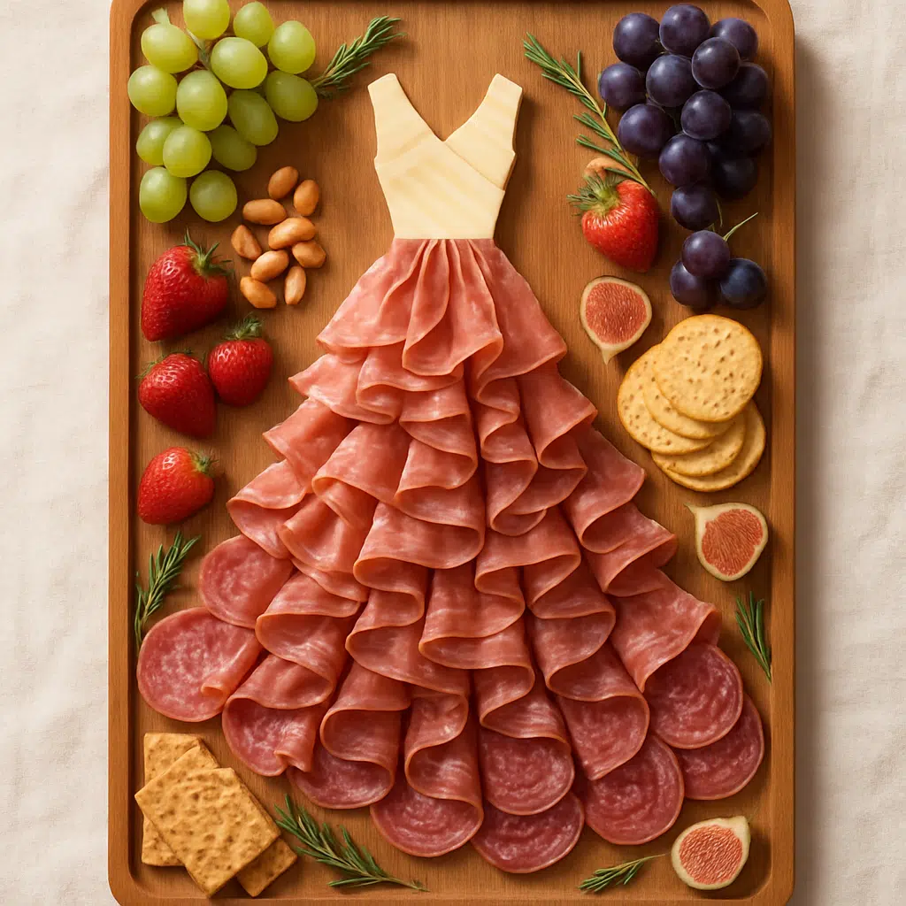 Party guests serving from a charcuterie dress board featuring meat, cheese, fruit, and nuts arranged as a dress
