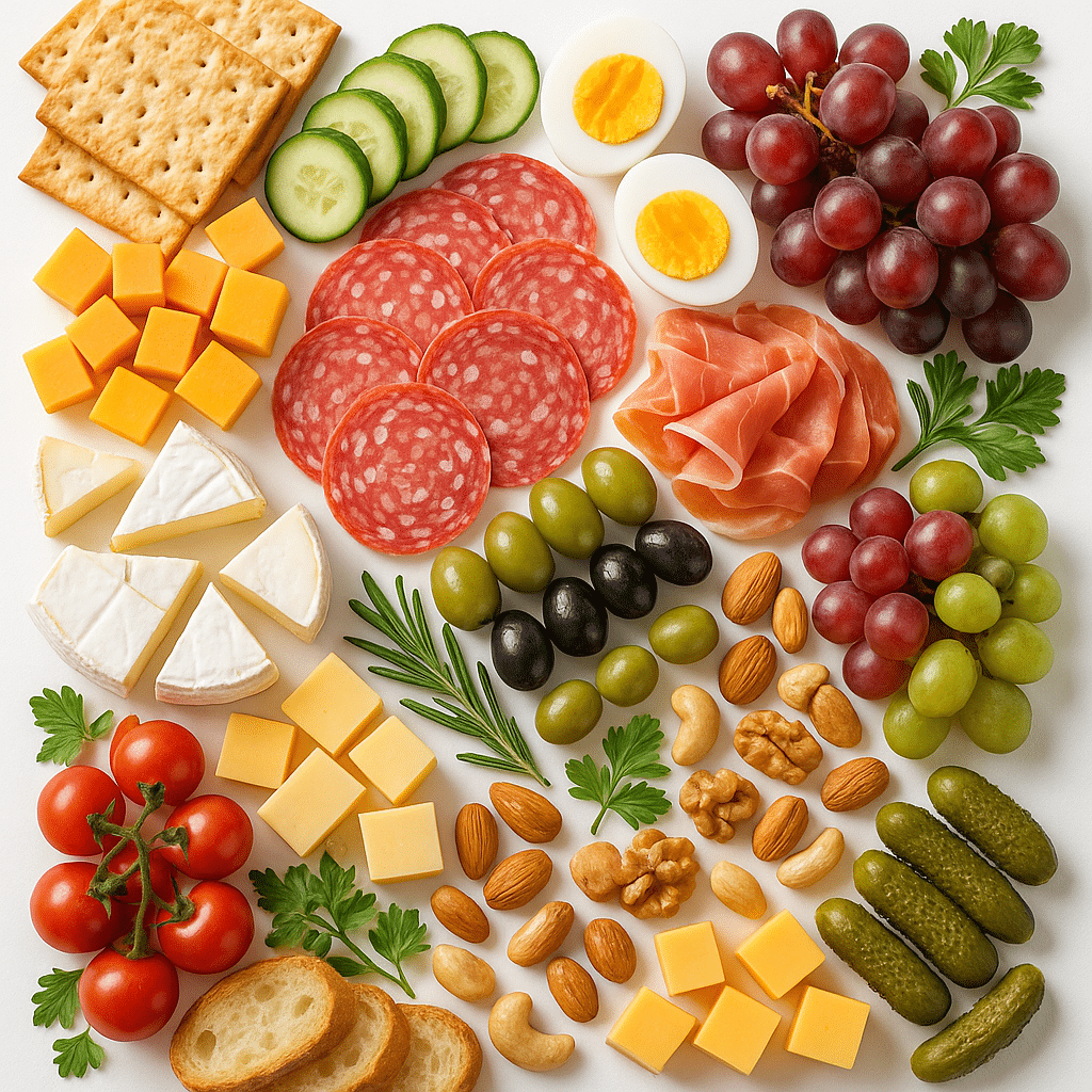 Stunning Charcuterie Platter with Salami Roses and Eggs 9 Ingredients for a charcuterie platter including eggs, salami, cheese, and herbs