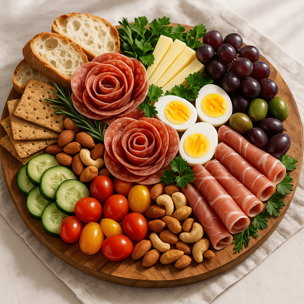 Stunning Charcuterie Platter with Salami Roses and Eggs 10 Charcuterie platter with eggs served at a party, appetizer platter on table