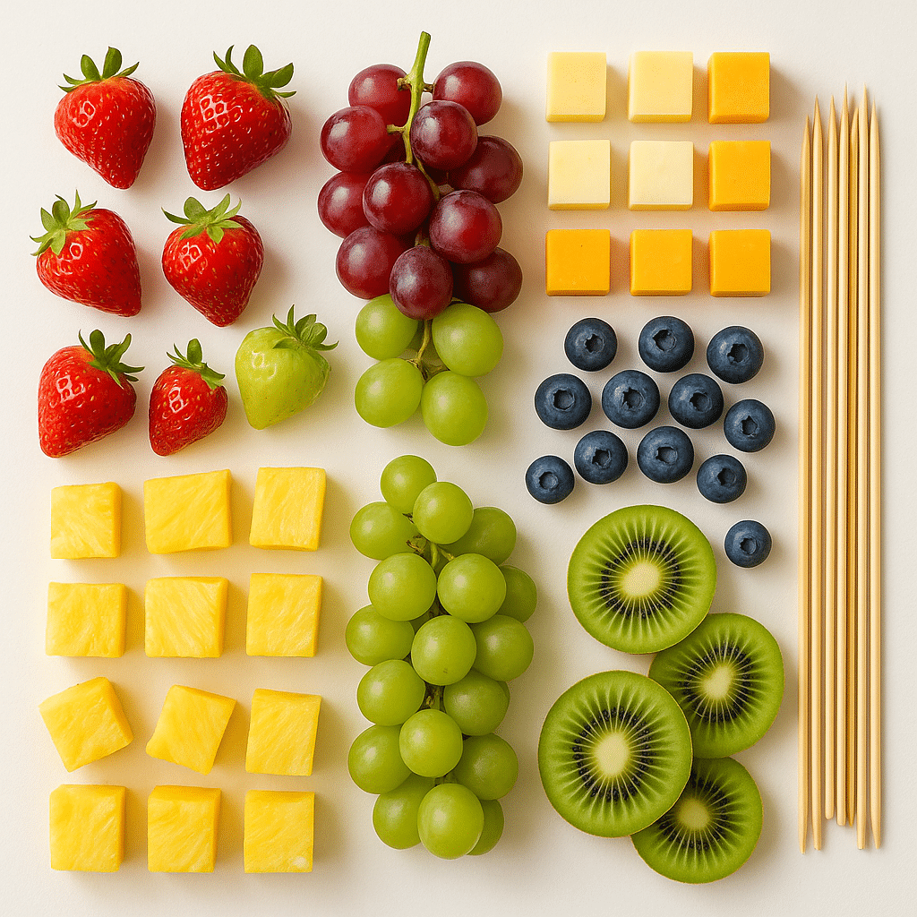 Ingredients for fruit and cheese skewers on a white background: cheese cubes, grapes, berries, melon balls, and herbs