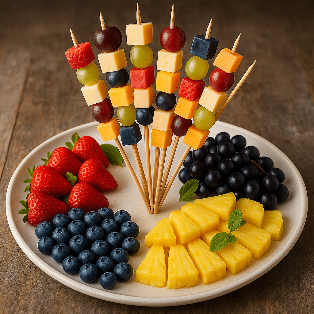 Fruit and cheese skewers arranged on a snack board bouquet, ready for serving at a brunch or party