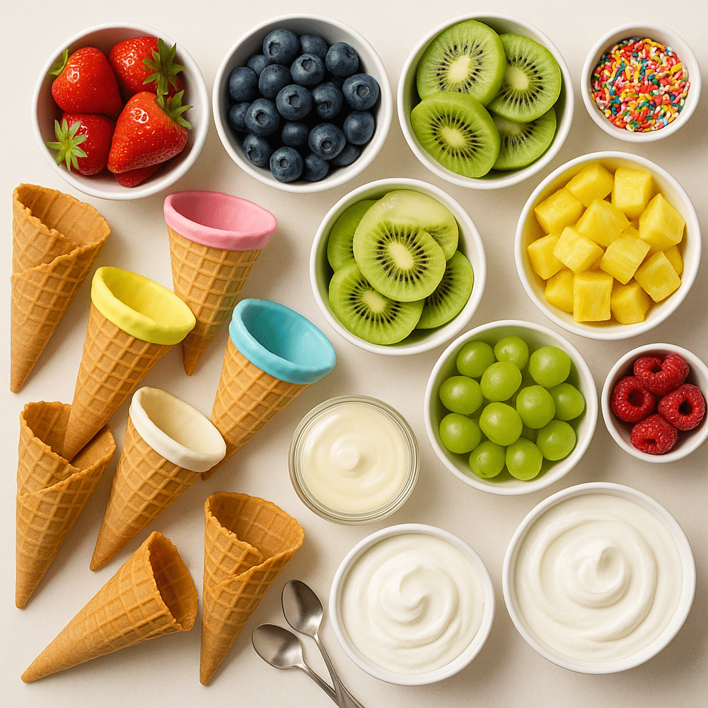 Colorful Fruit Cones Board with Sprinkles and Cream Dip 6 Ingredients for Fruit Cones Board