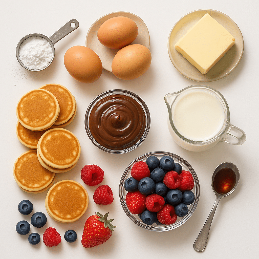 Mini Pancake Breakfast Platter with Berries and Chocolate Dip 9 mini pancake platter ingredients including pancakes, berries, chocolate dip, and syrup