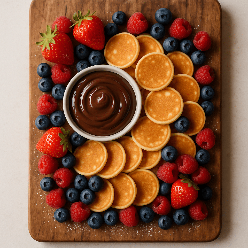 Mini Pancake Breakfast Platter with Berries and Chocolate Dip 10 mini pancake platter breakfast board served with berries and chocolate dip