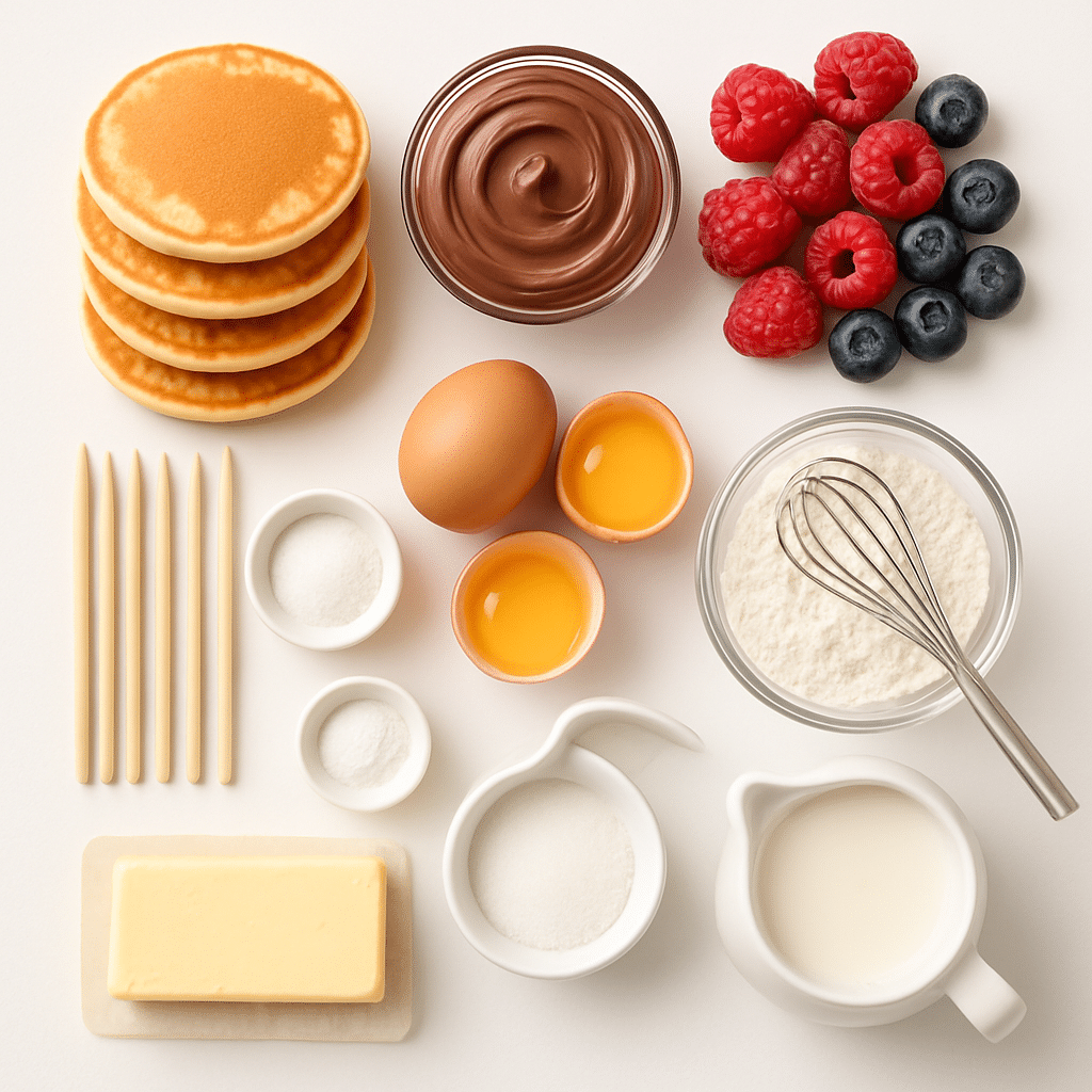 All ingredients ready for mini pancake skewers: mini pancakes, chocolate spread, fresh raspberries, fresh blueberries, and skewers