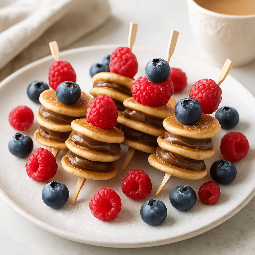 Mini pancake skewers with berries and chocolate served on a brunch platter