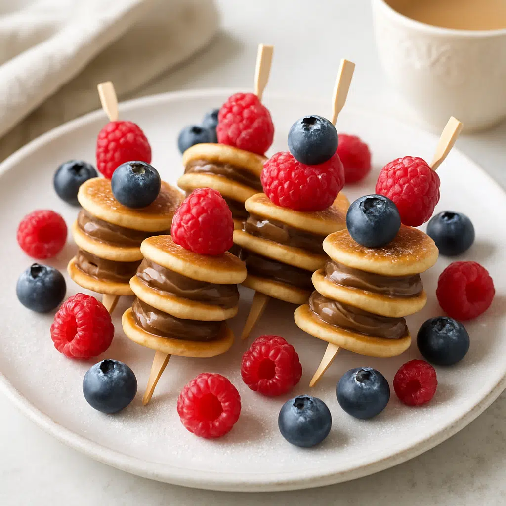 Mini pancake skewers with berries and chocolate served on a brunch platter