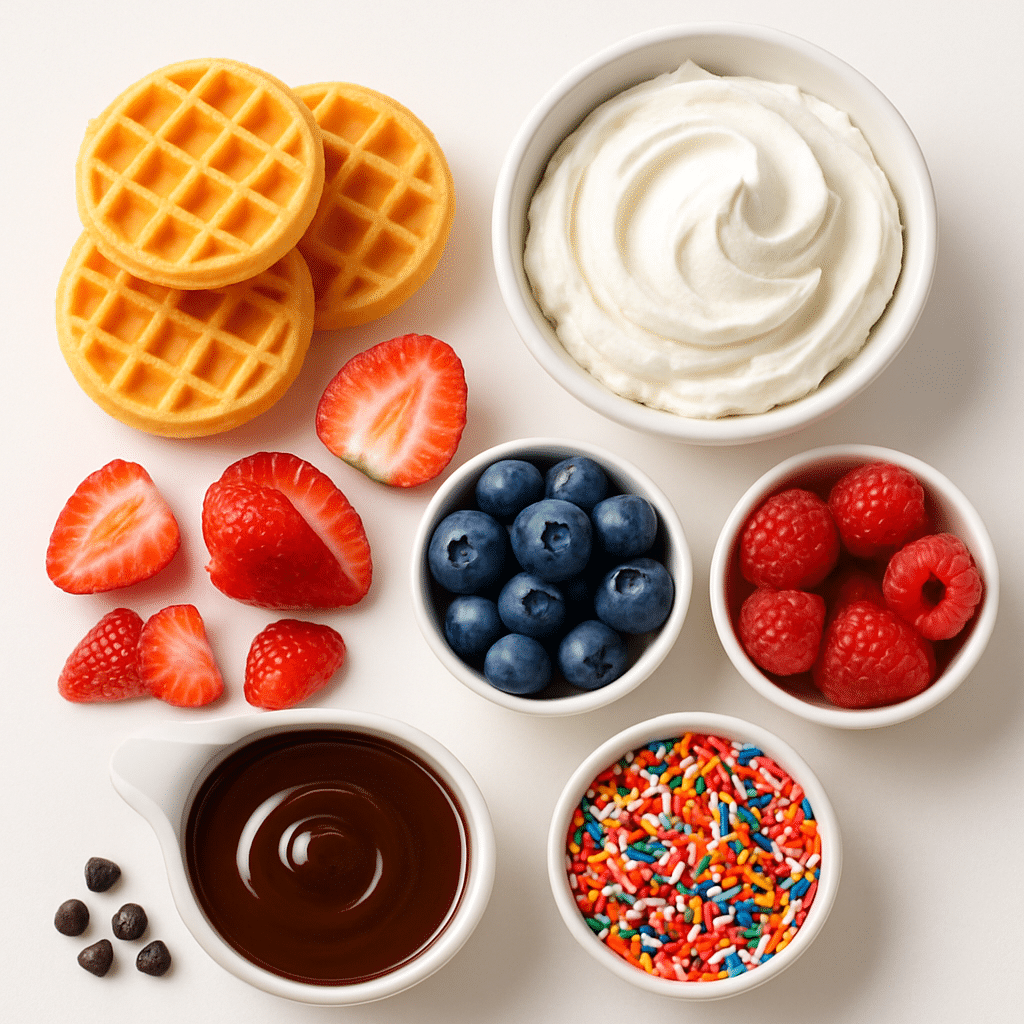 Mini Waffle Dessert Bites Platter: Easy Party Treats 9 Mini waffle dessert bites ingredients: mini waffles, whipped cream, fruit, chocolate sauce, and sprinkles