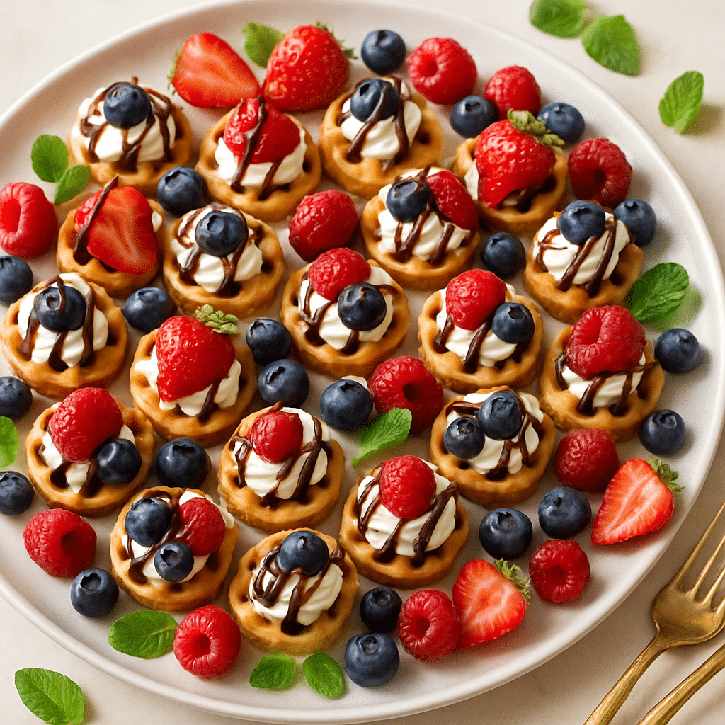 Mini Waffle Dessert Bites Platter: Easy Party Treats 10 Mini waffle dessert bites served with whipped cream, fruit, and sprinkles on a snack board