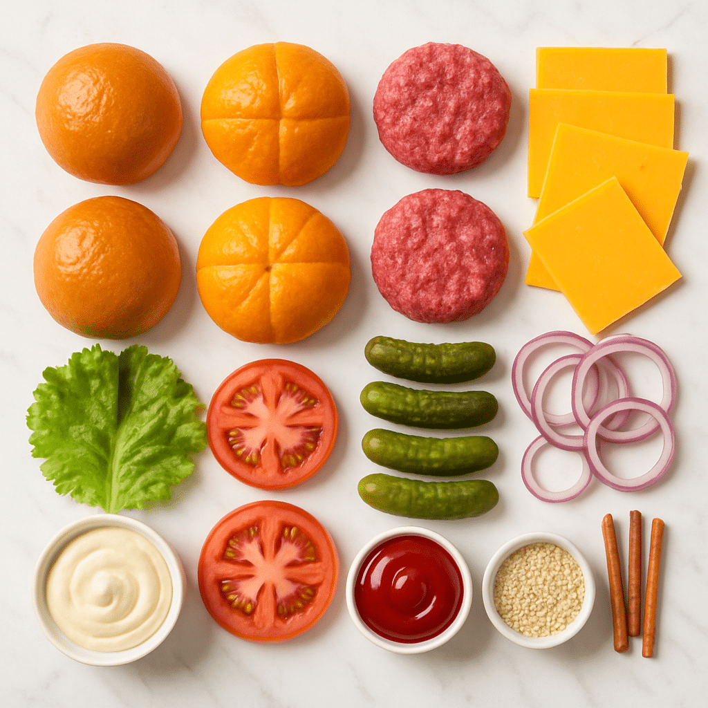 Pumpkin-Shaped Slider Burgers: Festive Fall Party Recipe 9 Ingredients for pumpkin slider burgers displayed, including pumpkin buns, beef patties, cheese, lettuce, pretzel sticks, and parsley.