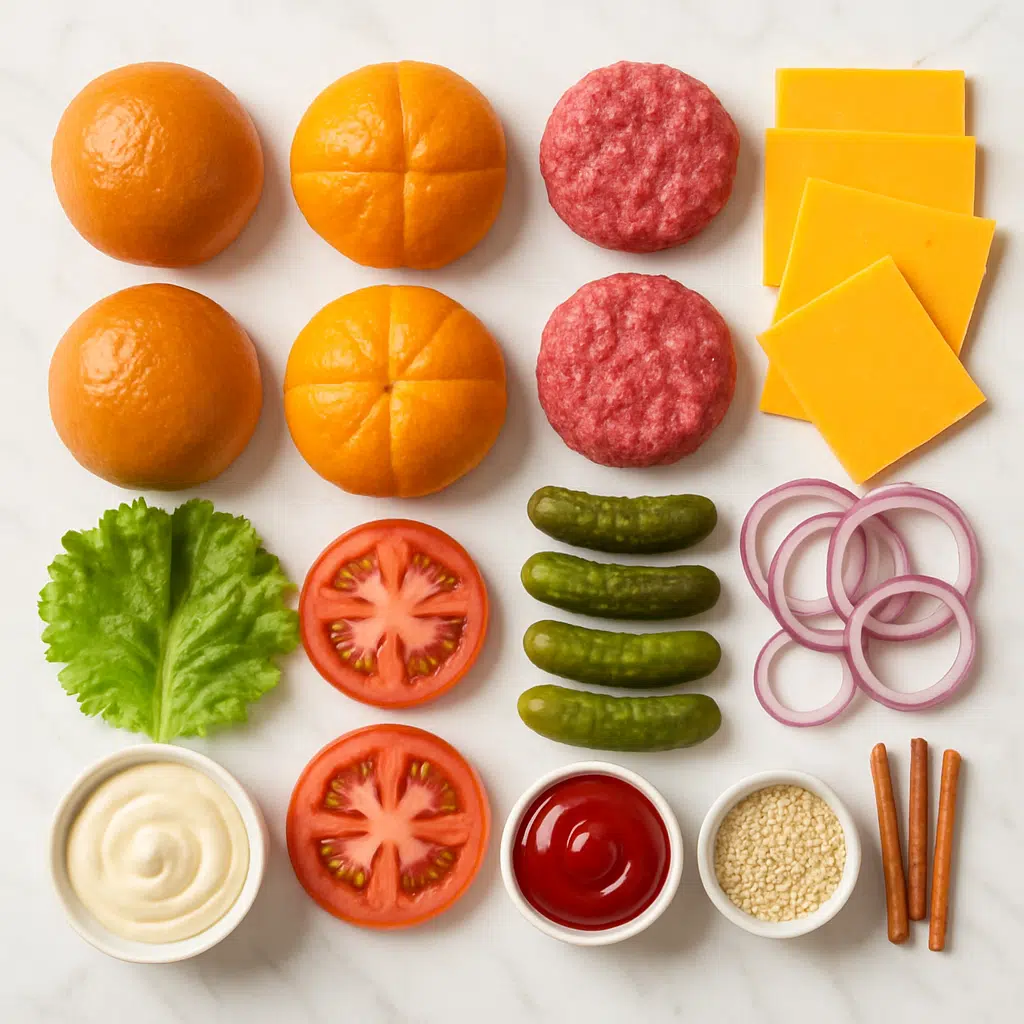 Ingredients for pumpkin slider burgers displayed, including pumpkin buns, beef patties, cheese, lettuce, pretzel sticks, and parsley.