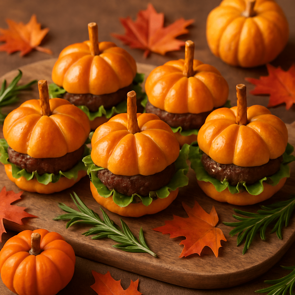 Pumpkin-Shaped Slider Burgers: Festive Fall Party Recipe 10 Pumpkin slider burgers served on a party board with parsley and pretzel stick stems – the ultimate pumpkin slider burgers presentation.