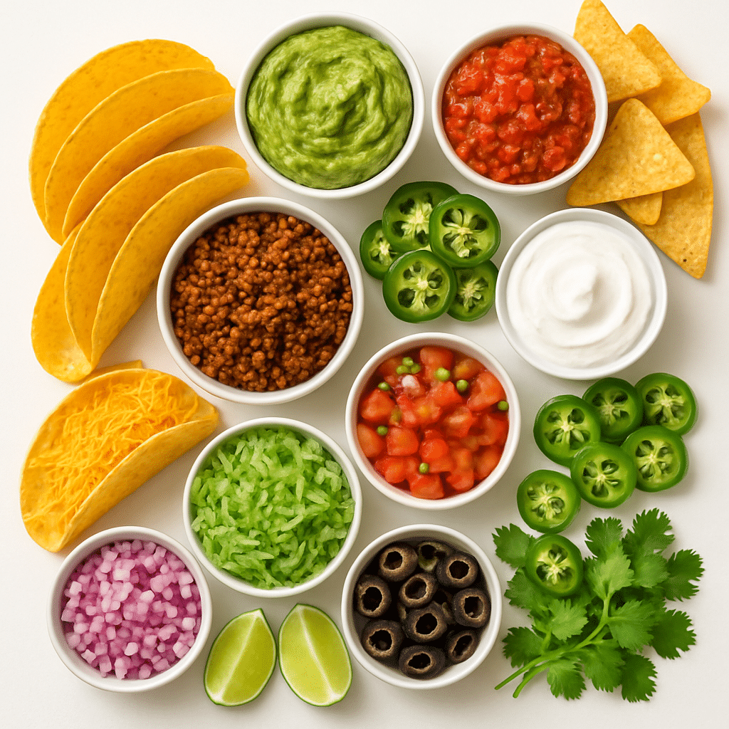Ingredients for taco snack board - all toppings, fillings, and sides