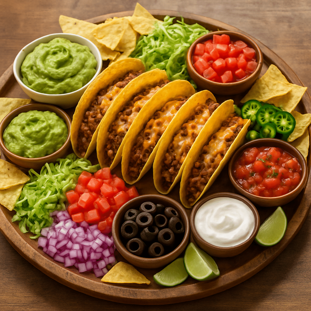 Taco snack board served with toppings and dips arranged for a party