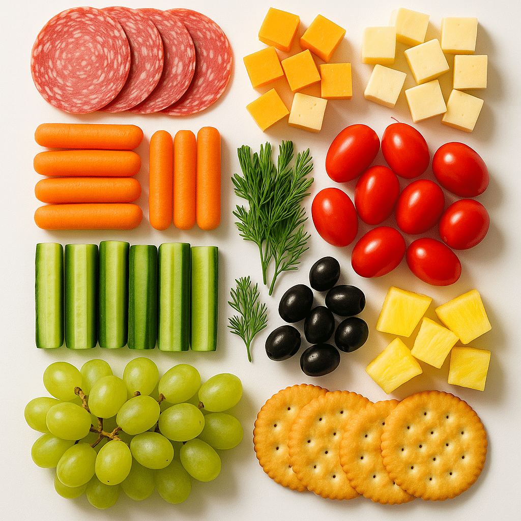 Tropical-Themed Charcuterie Board with Cheese, Veggies & Palm Trees 6 Tropical Charcuterie Board Ingredients Selection