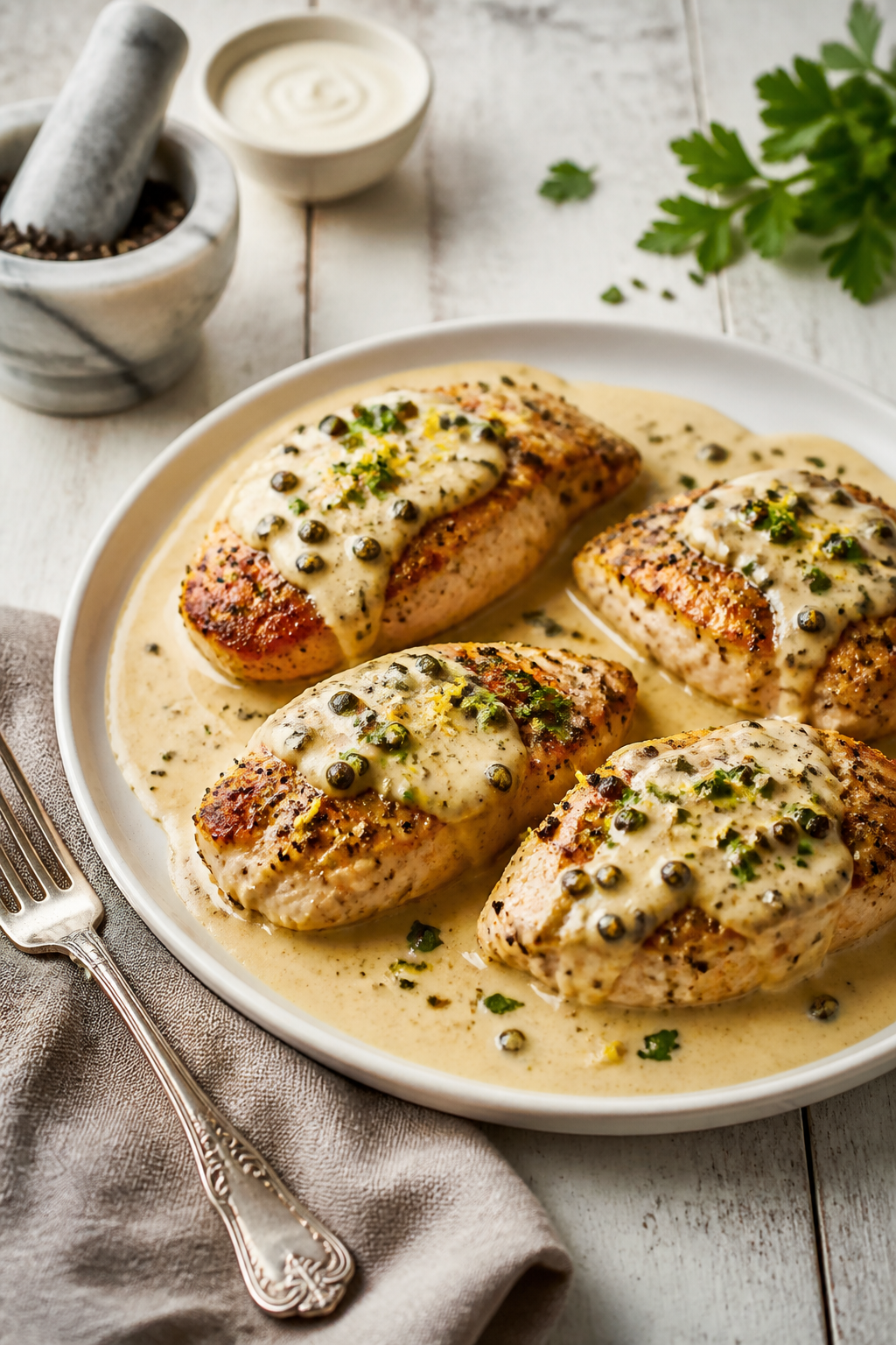 Creamy Chicken Au Poivre Recipe in 30 Minutes | French-Inspired Chicken 16 creamy chicken au poivre recipe - finished dish presentation