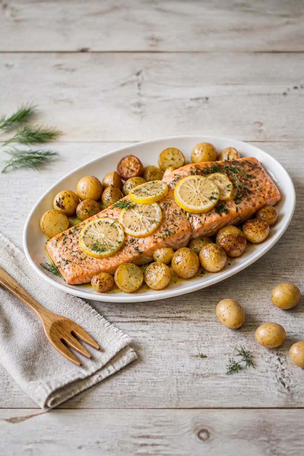 Lemon Herb Baked Salmon With Roasted Baby Potatoes: Easy 30-Minute Recipe For Busy Weeknights 16 Lemon Herb Baked Salmon with Roasted Baby Potatoes - finished dish presentation